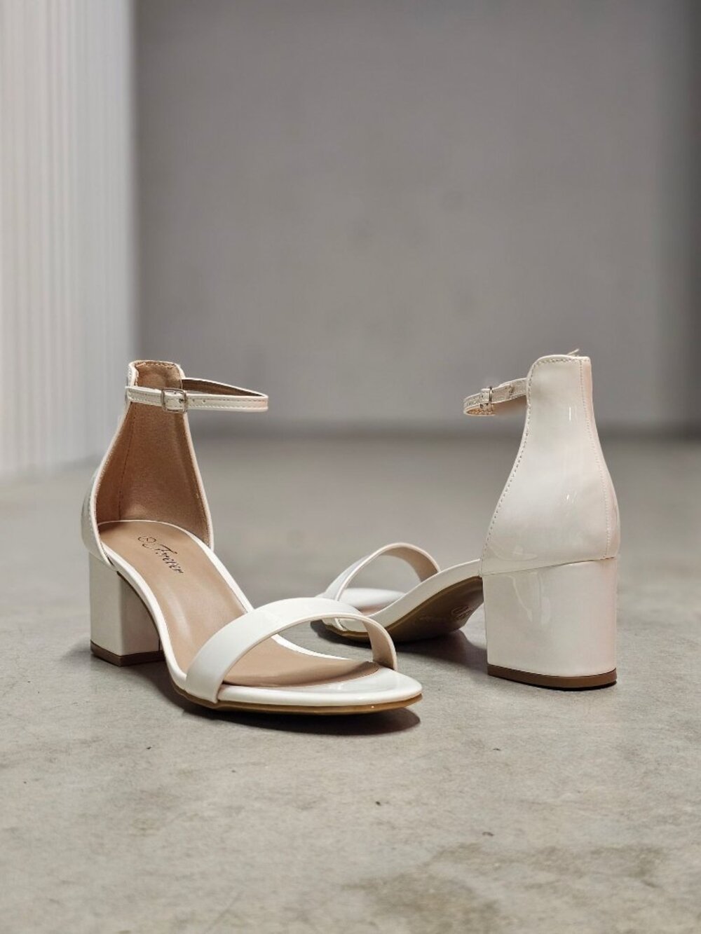 Patent Leather Block Heel Sandals With Ankle Strap In White